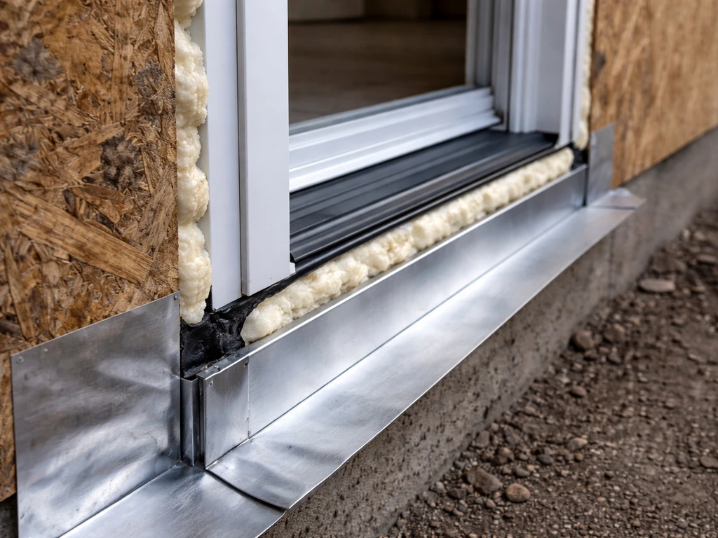 Close-up of a sliding patio door rough opening with insulation and properly installed flashing-seal details