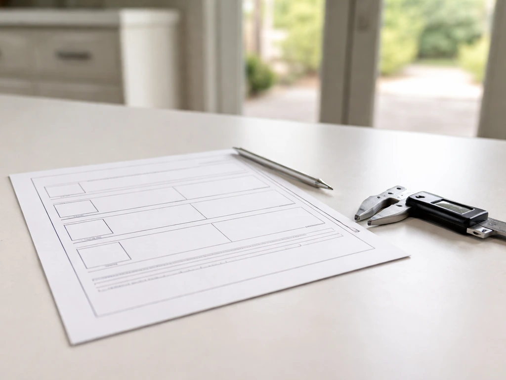 Close-up of a patio door spec sheet and calipers on a table with blurred patio doorway behind.
