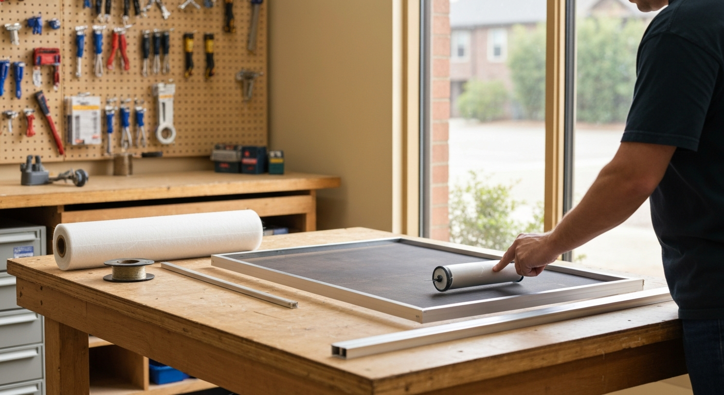 Technician rescreening a sliding patio door panel on a hardware store workbench, using a spline roller with mesh and spline nearby.