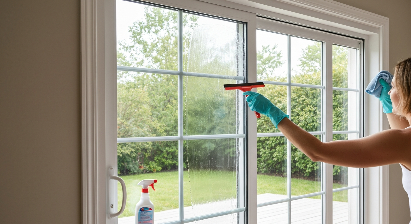Gloved hand using a squeegee on a large sliding patio glass door with microfiber cloth and spray bottle nearby.