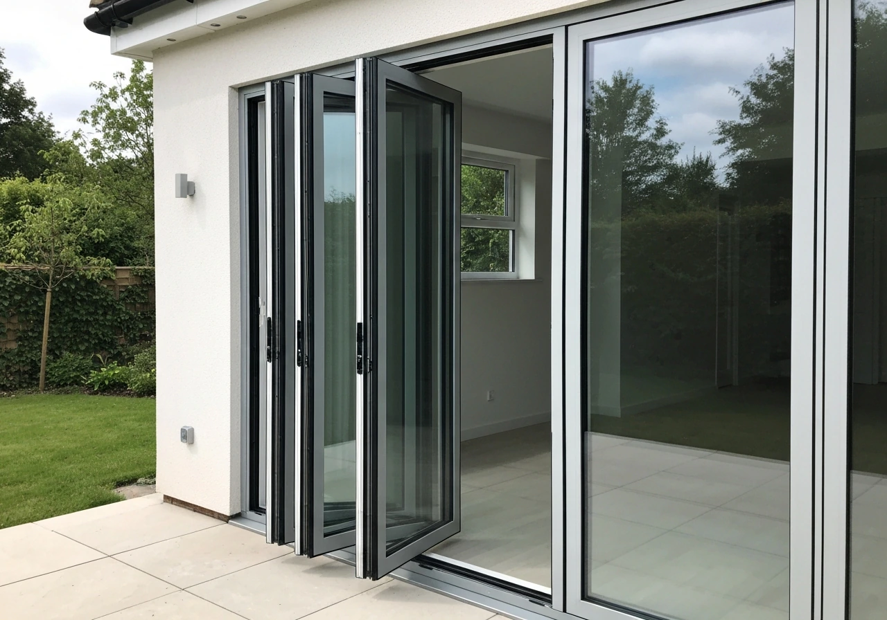 Modern aluminium bi-fold patio door opened, folded panels visible, leading to a garden.