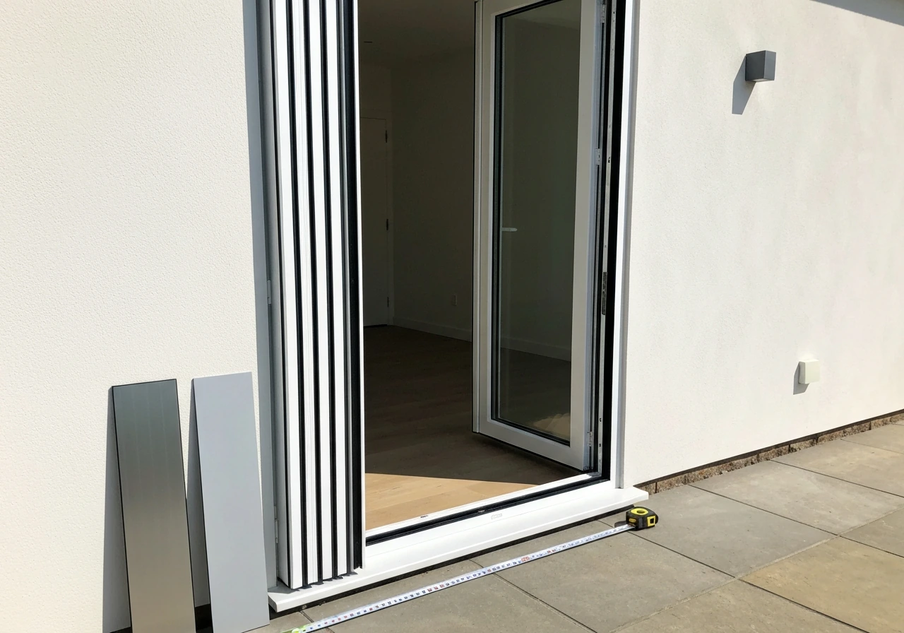 Minimal patio view with an opened bifold door, aluminium and uPVC samples, and a tape measure on the floor.