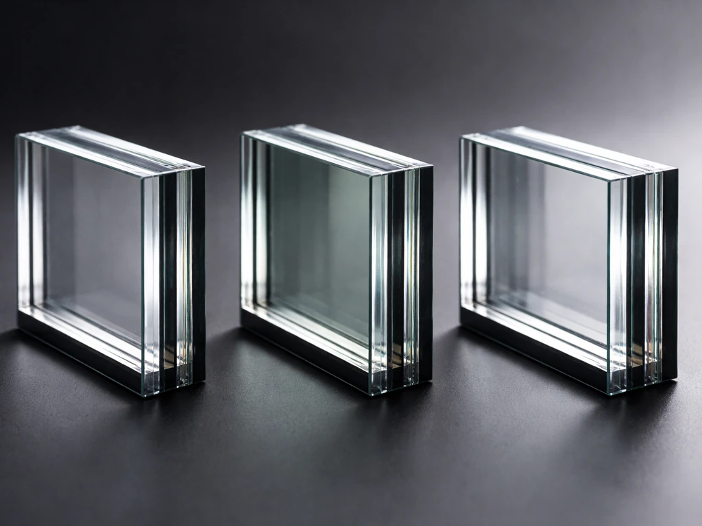 Close-up of window glazing samples showing standard double, low‑E argon double, and triple layers