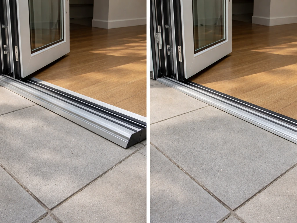 Side-by-side view of raised vs flush bifold patio door thresholds with weather sealing detail.