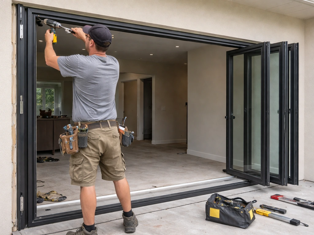 Anonymous installer fitting a bifold patio door frame and track during home installation.