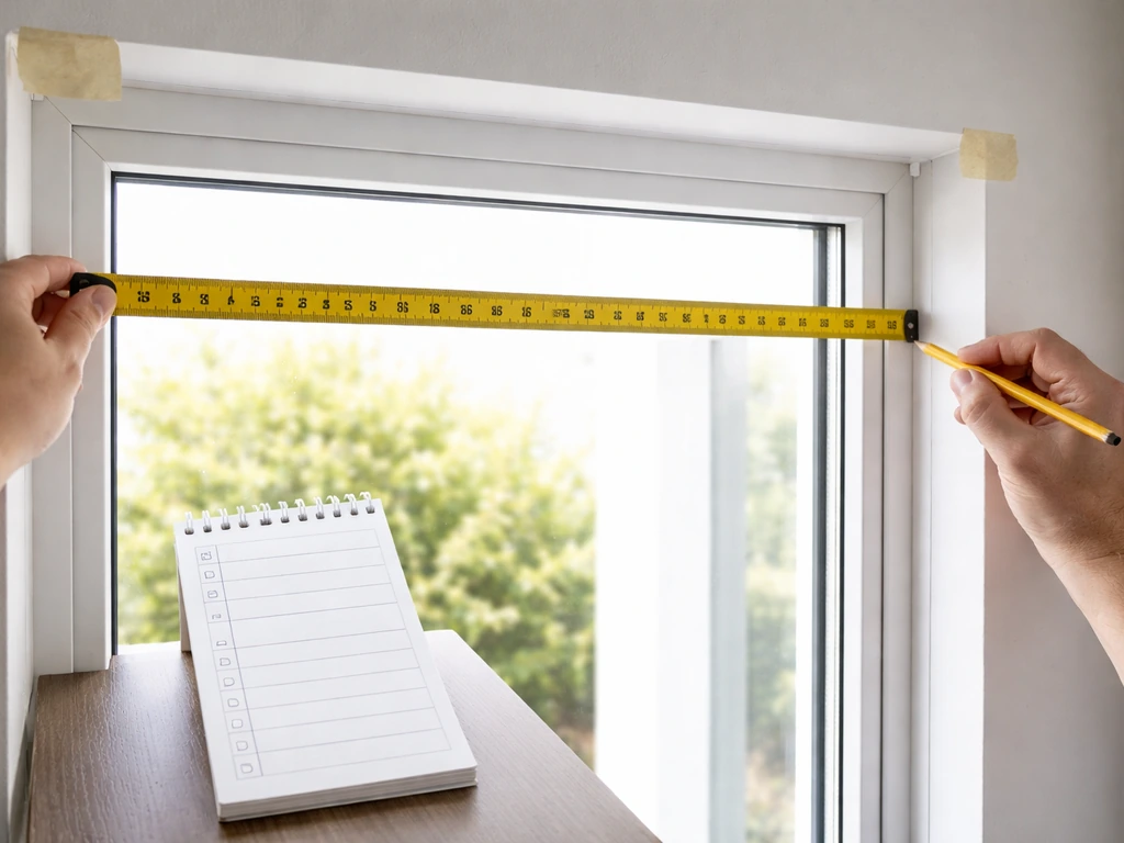 Hands using a measuring tape to measure a door opening width and height, with a blank checklist notepad.