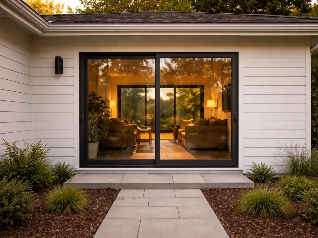 Home exterior featuring a newly installed sliding patio door with natural light and clean landscaping.