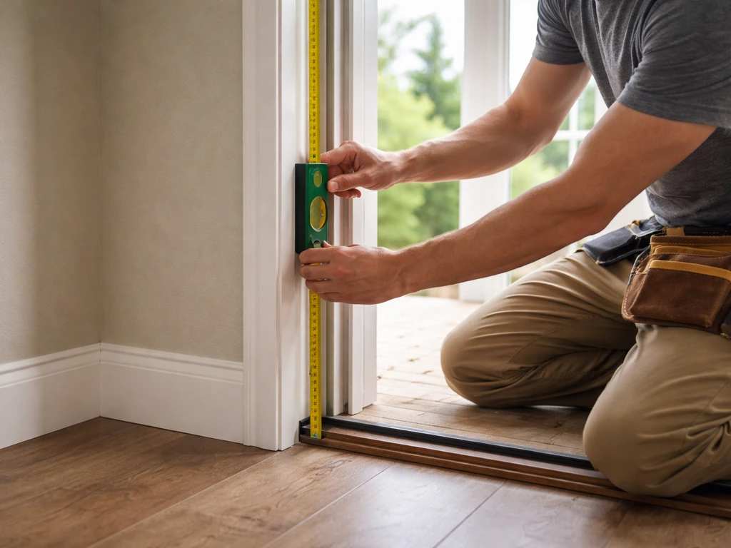 Technician measures an interior patio door opening with a tape measure and level during door installation.