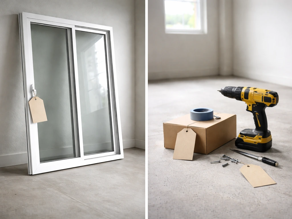 Sliding patio door unit on one side and installation tools/materials on the other to suggest door vs labor costs.