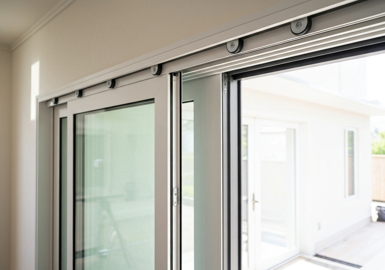 Top-hung sliding patio door with overhead track and rollers, smoothly closed, with screen door visible.