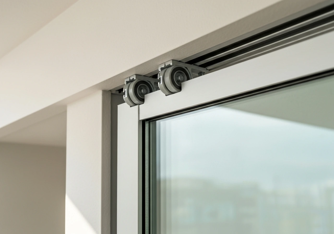 Close-up of a top-hung patio door upper track and rollers holding a sliding glass panel.