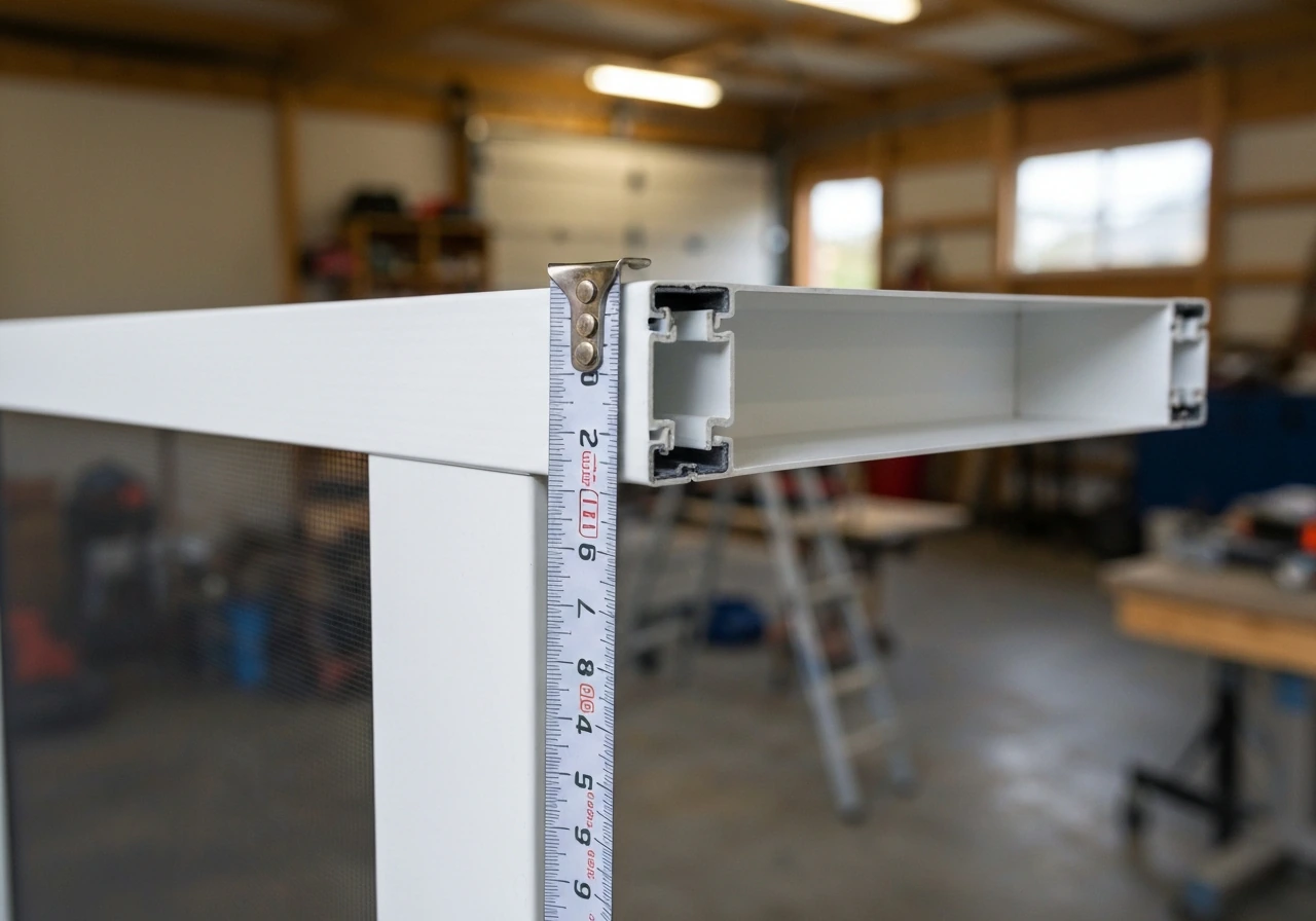 Tape measure showing height from upper track to lower guide channel on a top-hung screen door