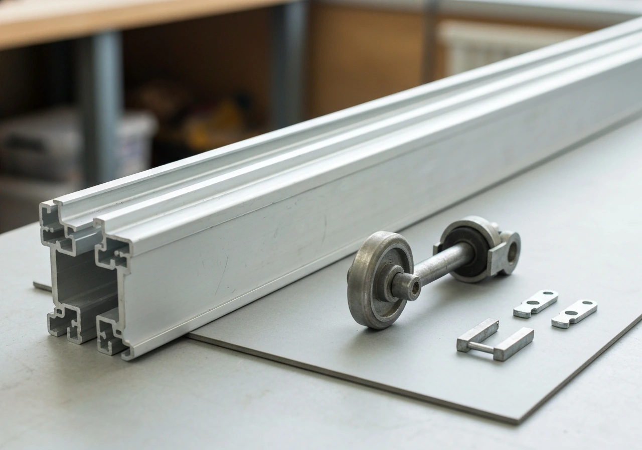 Close-up of an upper head track and roller hardware components laid out for inspection