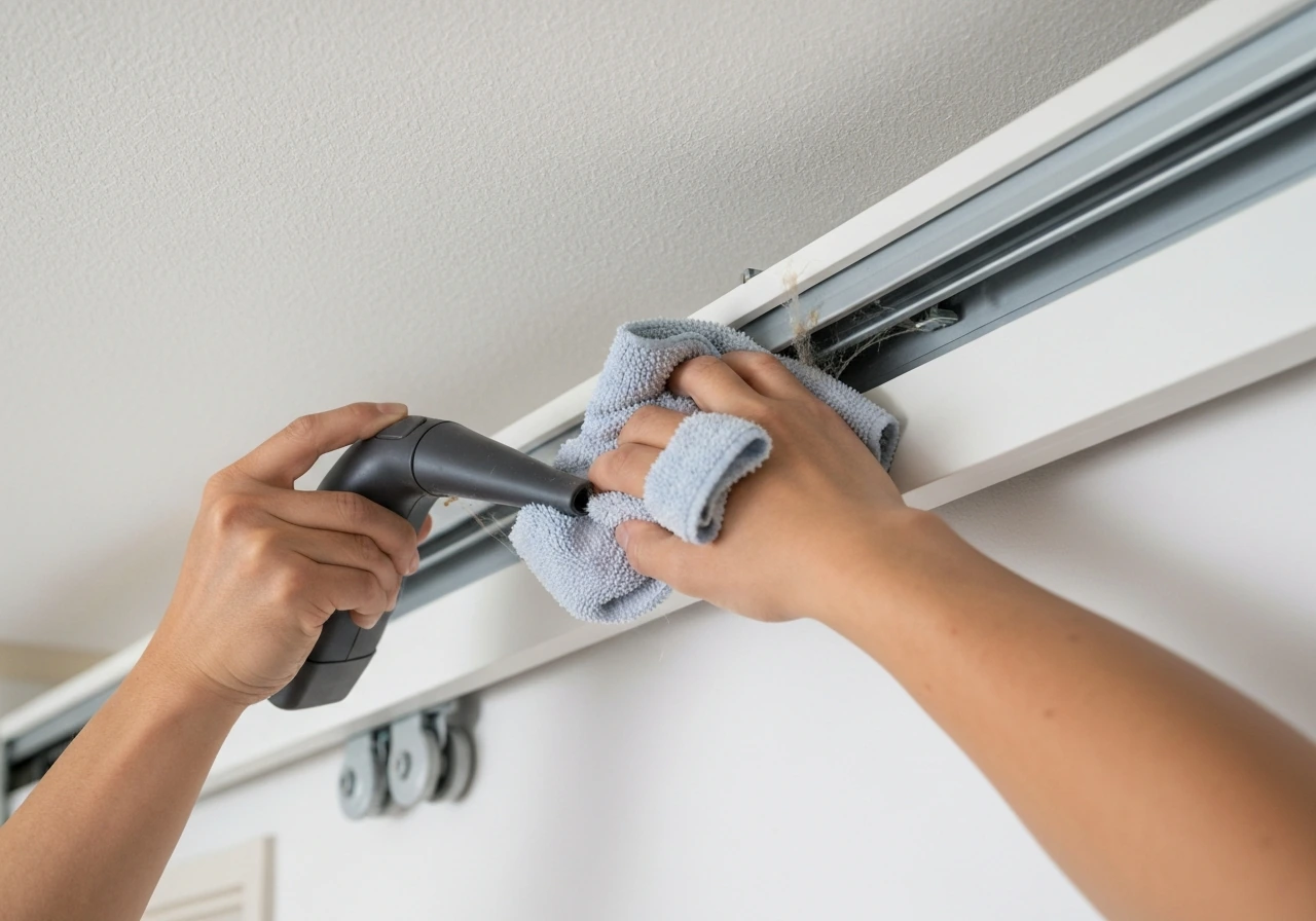 Hands cleaning and wiping a top-hung sliding door’s overhead head track with a vacuum and dry cloth.