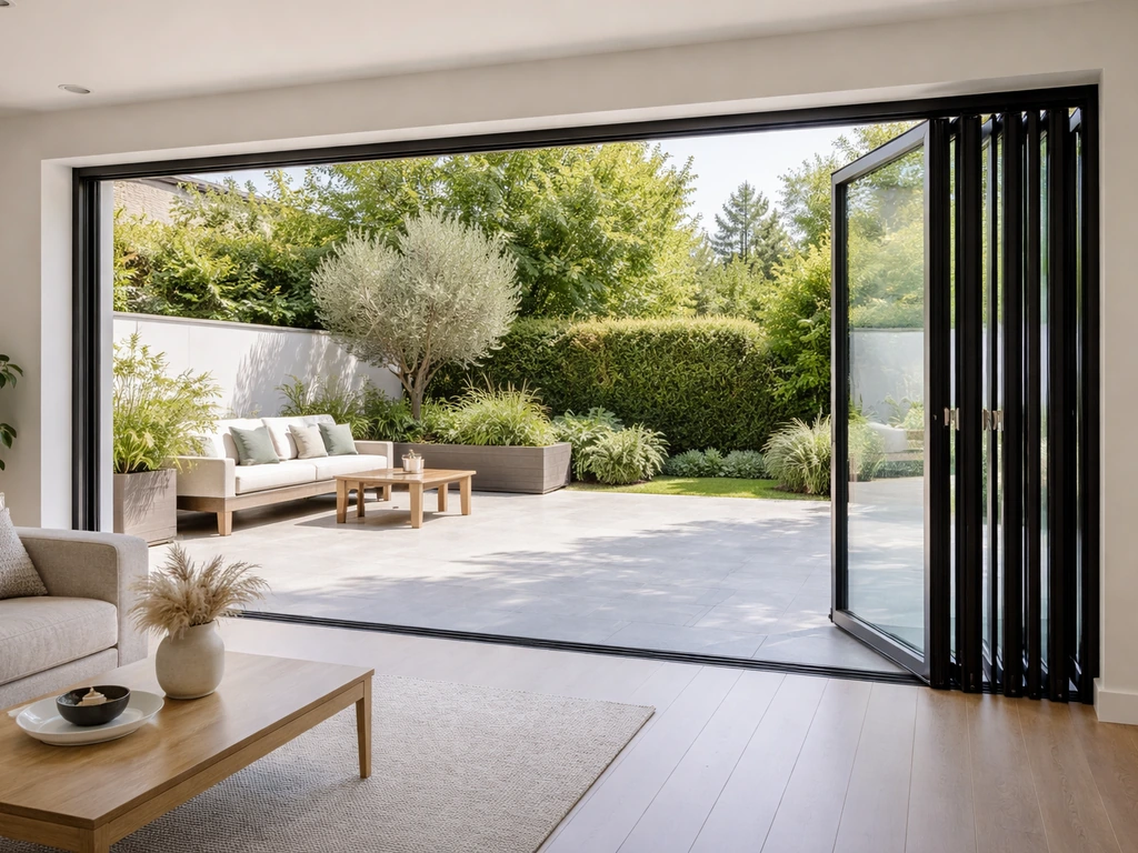 Modern bifold patio doors fully opened, glass panels stacked neatly from indoor to outdoor space.