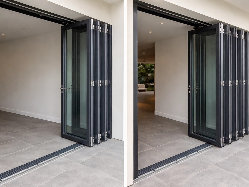 Partially opened bifold patio doors with visible stacked panels and bottom track/rollers in a modern home entrance.