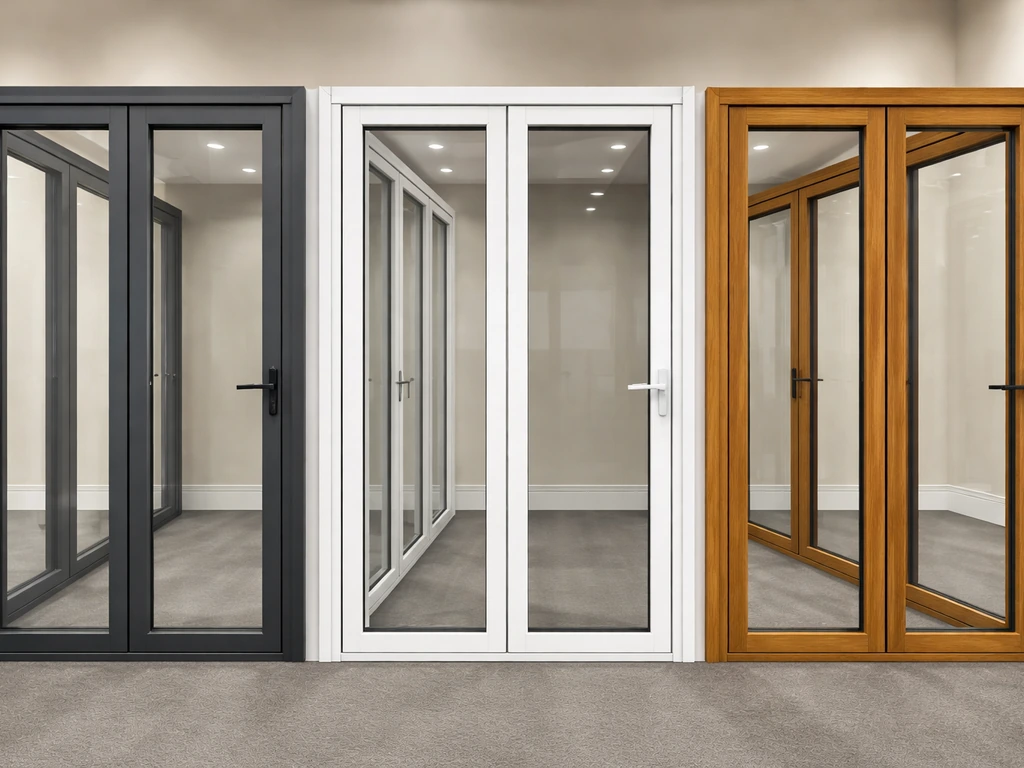 Three bifold door frame sections side-by-side: aluminum, white uPVC, and timber in a bright showroom.