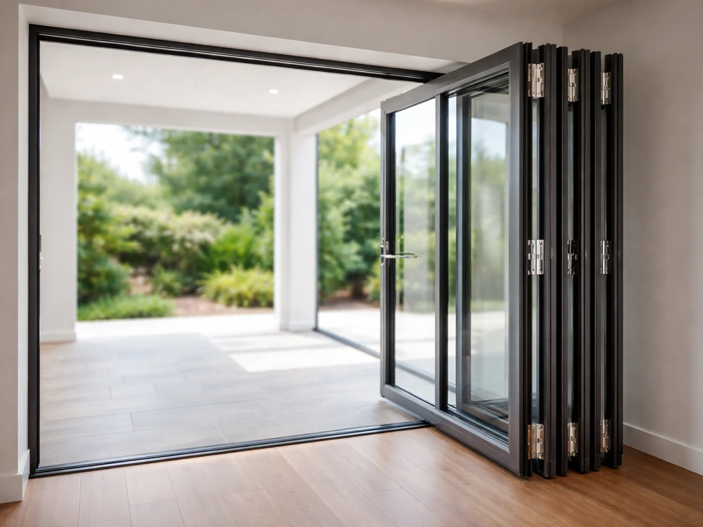 Pella 250 series premium bifold patio door open to show stacked panels and aluminum frame in a bright showroom.