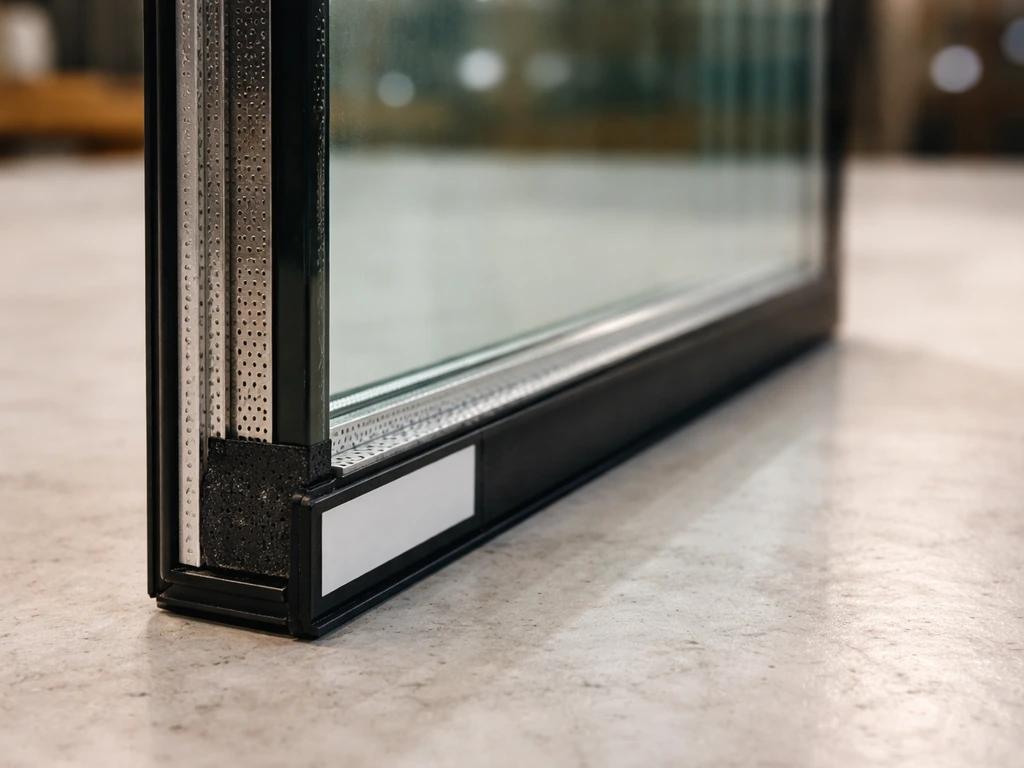 Close-up of an insulated glass unit edge and seal/spacer on a clean workbench with soft natural light.