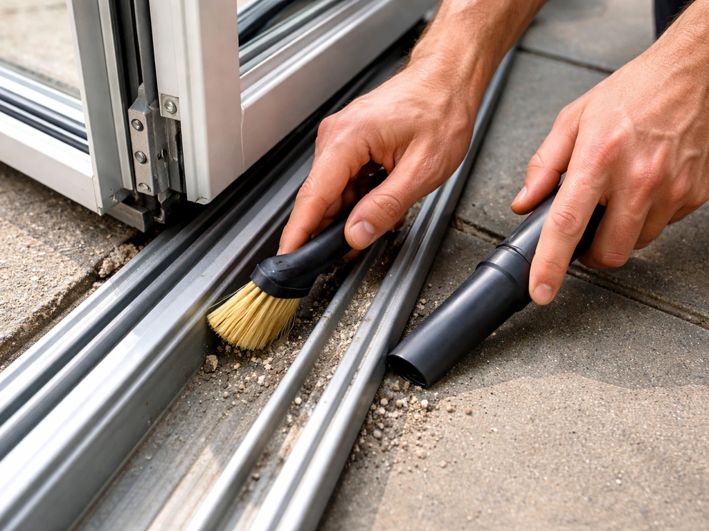 Close-up of cleaning a bifold patio door track with a brush and vacuum, panels aligned in the guide.