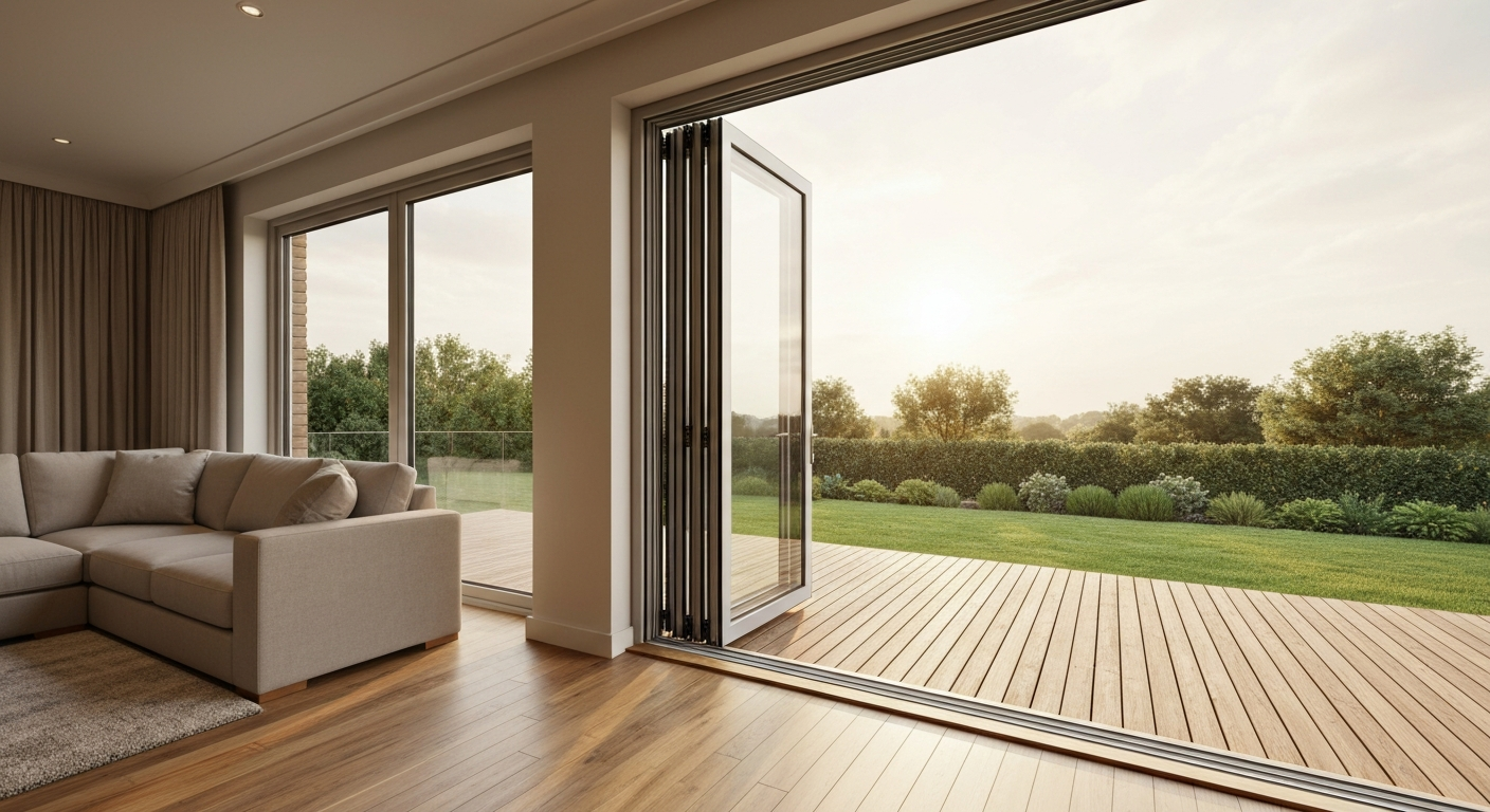 Modern living room with a large bifold patio door folded open to a deck, showing indoor–outdoor flow and a low-profile sill.