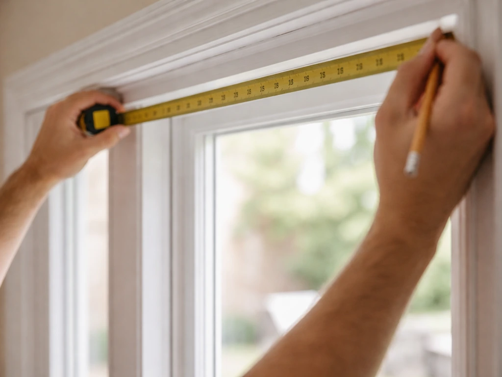 Person measuring a patio door width with a tape measure on the trim