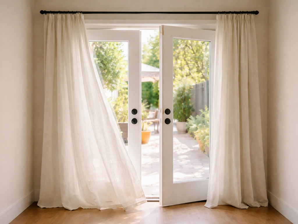 Two French patio doors with a single overhead curtain rod spanning the full opening and panels partially covering