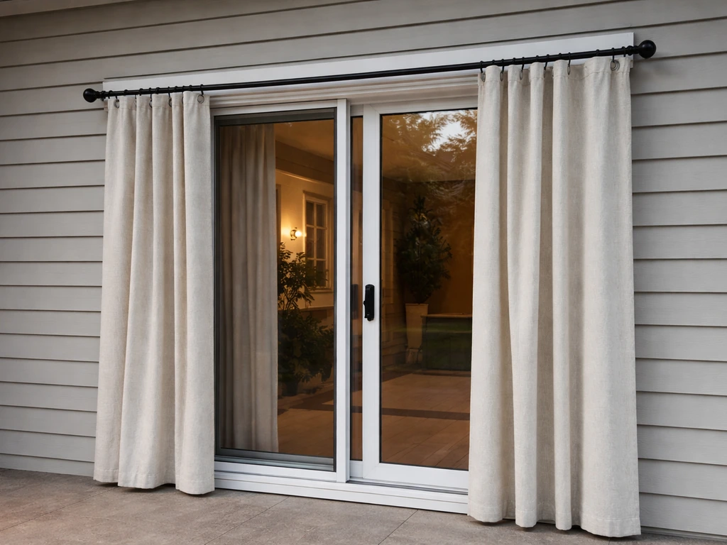 Outside-mounted curtain rod centered over a 72-inch sliding patio door with two panels shown.