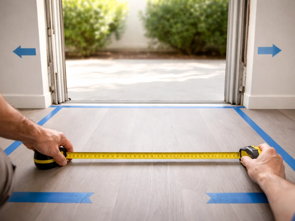 Hands measuring a rough patio door opening with painter’s tape marks and tape measure visible.