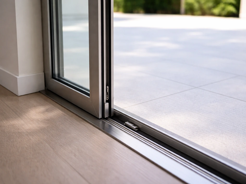 Close-up of a sliding patio door track with the door partially opened, showing a clear passage.