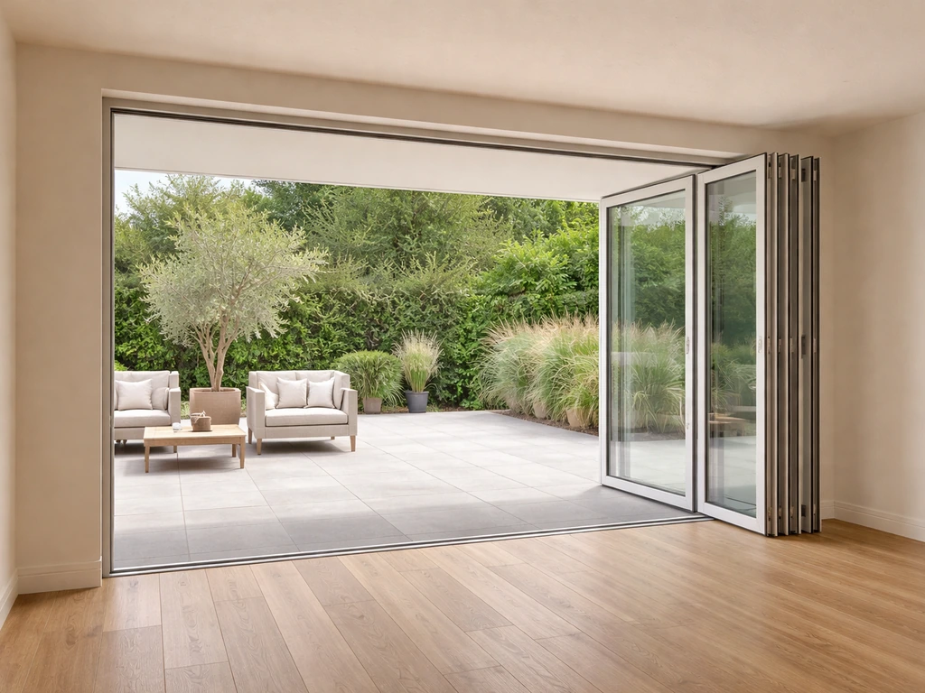 Home interior with multi-panel folding-sliding glass doors stacked open for a near wall-to-wall opening