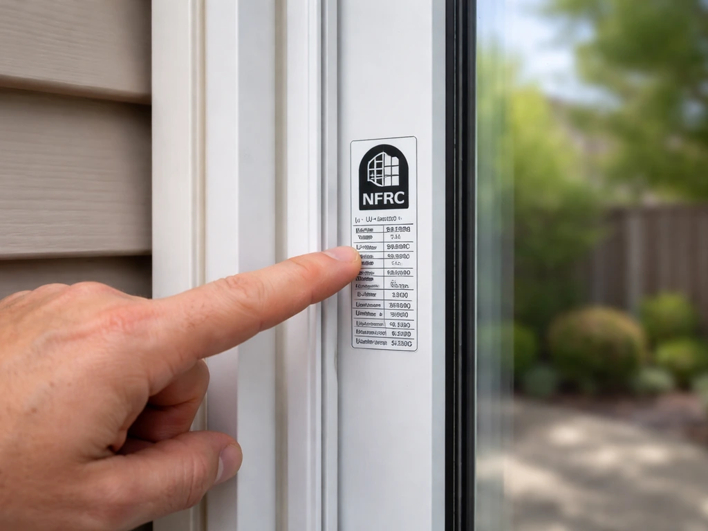 Technician points at an NFRC label on a patio door frame while comparing U-factor and SHGC areas.