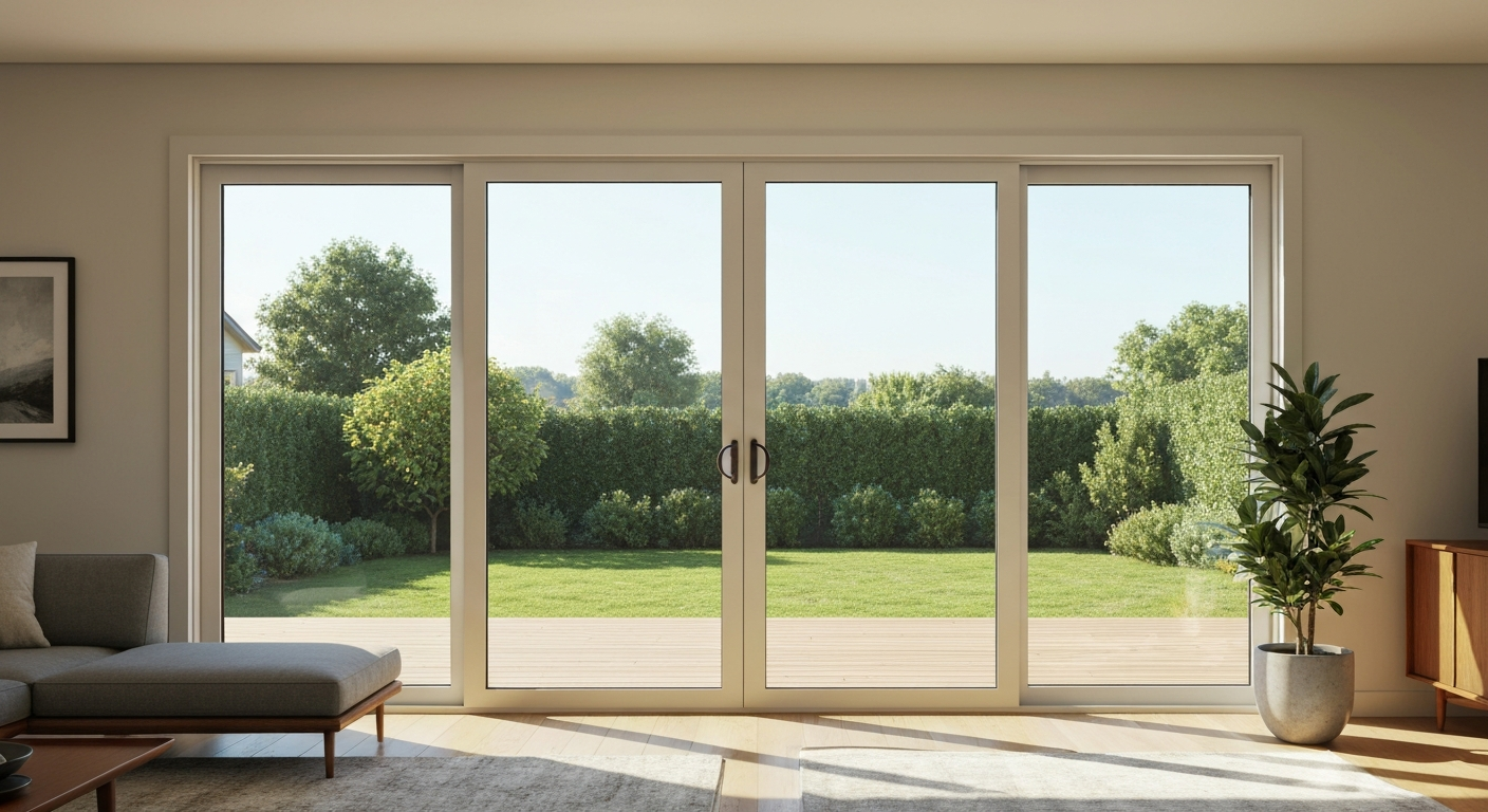 Modern living room looking out through a two-panel sliding patio door to a backyard, daylight scene, slim white frame, showing scale and residential context.