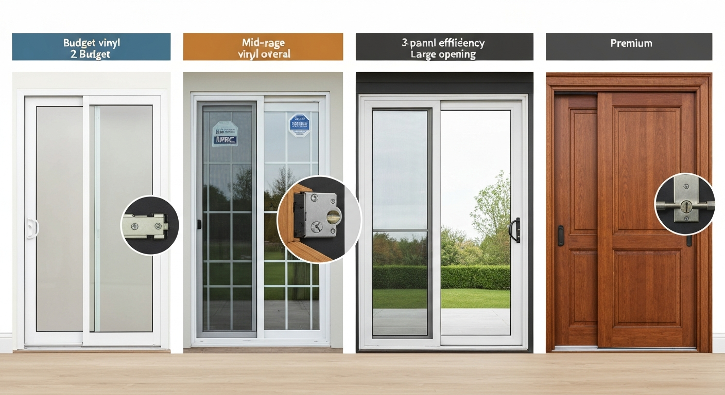 Showroom display of five different sliding patio doors from budget vinyl to premium wood, with insets of rollers and multipoint lock.