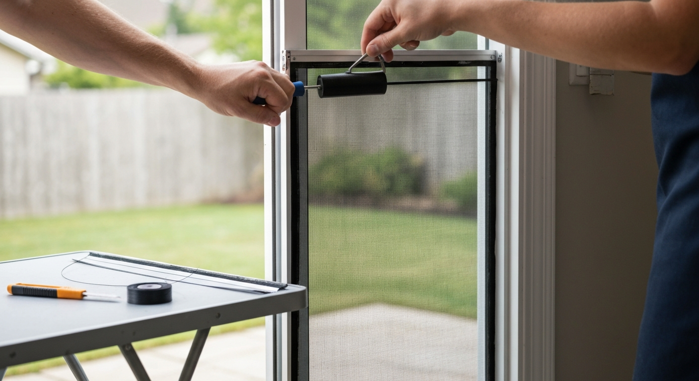 Close-up of hands using a spline roller to install spline and mesh on an aluminum patio door screen frame, tools on a folding table in soft daylight.