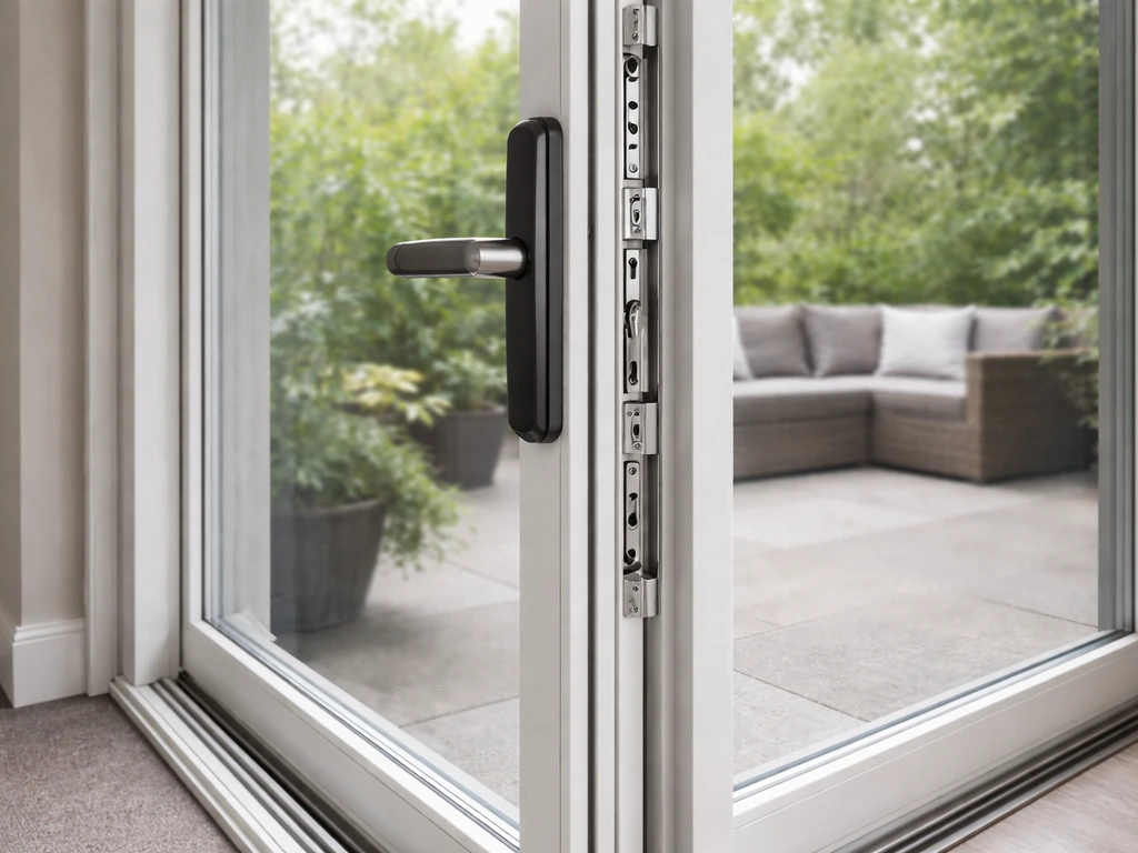 Secure sliding patio door with visible track and locking hardware in a bright home setting.