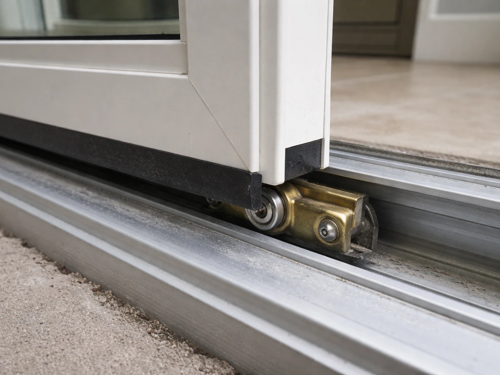 Close-up of a sliding patio door track with the panel slightly lifted to show a vulnerable insertion gap.