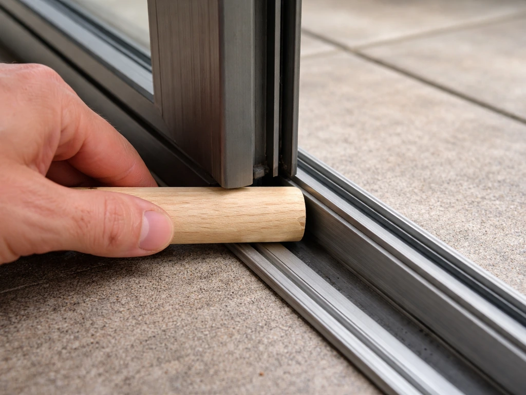 Hand fitting a cut wooden dowel into a sliding patio door bottom track for added security