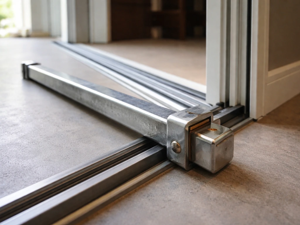Close-up of a mounted security/charley bar seated on a door track to stop sliding motion.