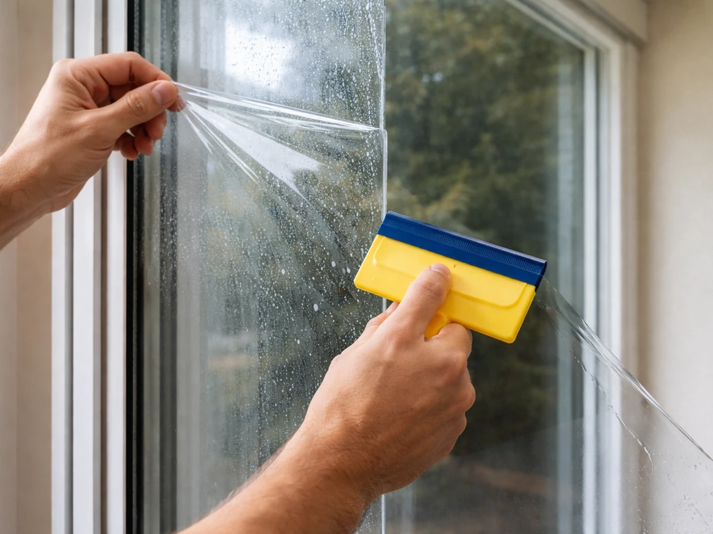 Hands smoothing clear security window film on a sliding patio door glass pane, half covered before/after.