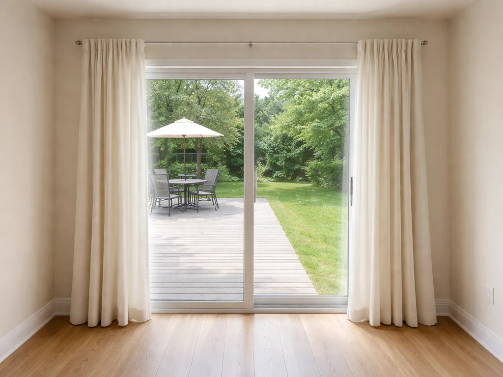 A patio door with neatly fitted curtains fully covering the opening with correct length and fullness.