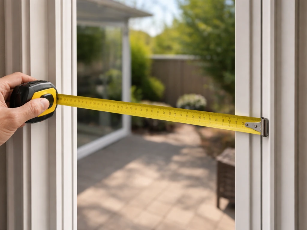 Close-up tape measure across a patio door frame edge to mark curtain outside-mount width.