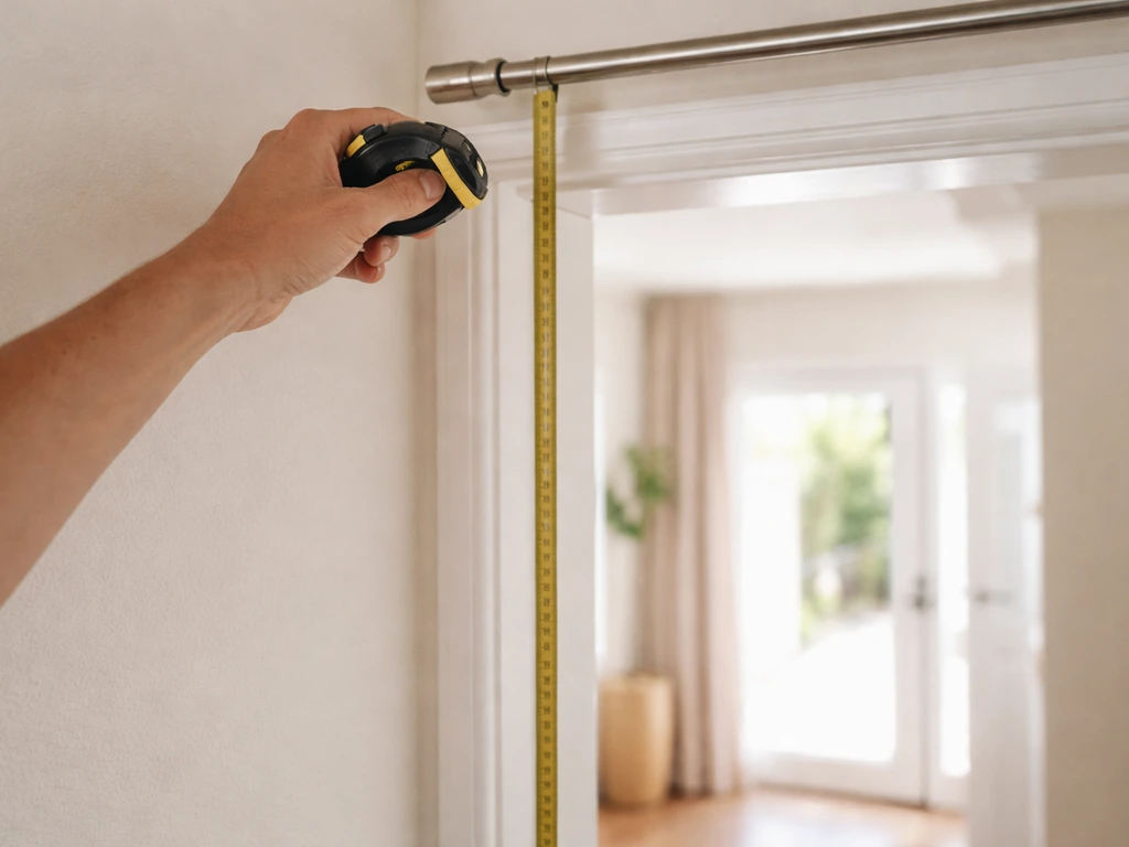 Hand holding a tape measure marking curtain height from a ceiling rod toward the floor