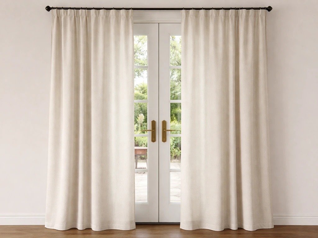 Two overlapping curtain panels hanging on split French patio doors in soft natural light.
