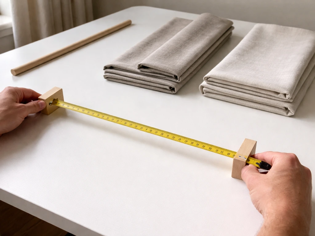 Minimal workspace showing patio door width measuring tape and curtain fabric swatches on a table