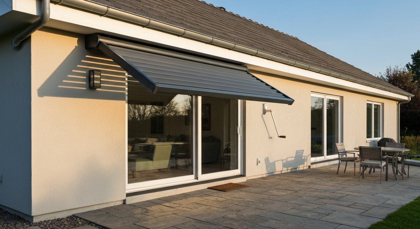 Modern house with a dark charcoal manual louvered aluminum patio cover attached above patio doors; louvers partially open and a hand crank visible, providing adjustable shade over an outdoor seating area.