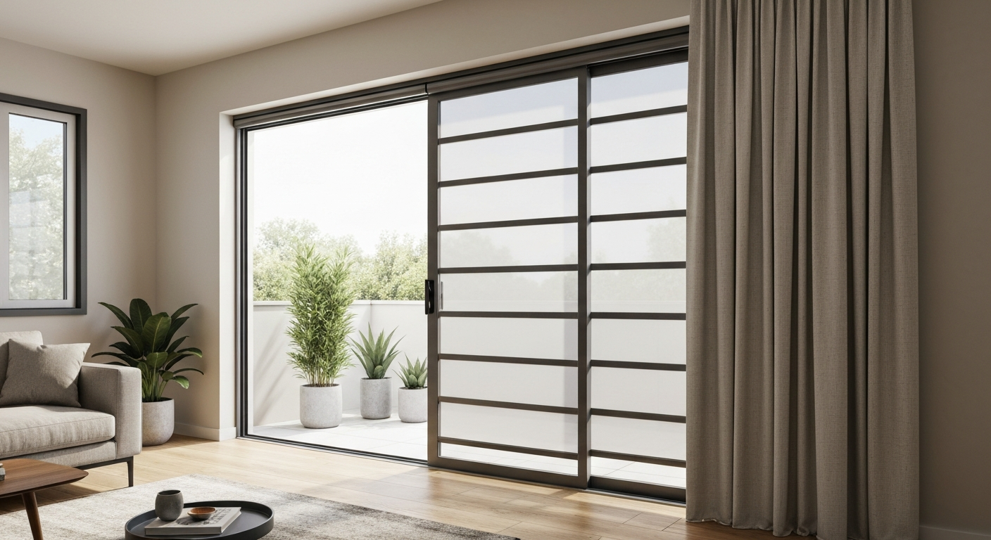 Modern living room with sliding patio door fitted with a three-panel track blind, panels partially open to a sunlit patio.