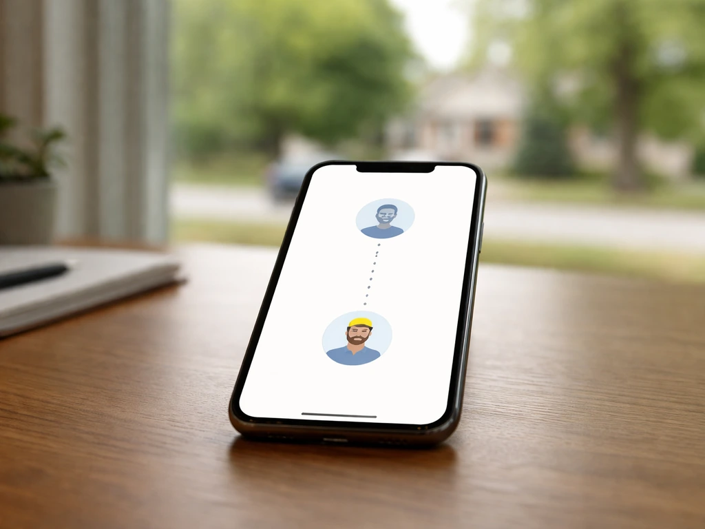Phone on a wooden desk showing a simple, label-free installer handoff concept with connected icons.