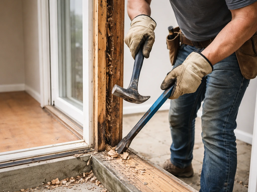 Gloved worker removing an old patio door and prepping the rough opening with demolition tools.