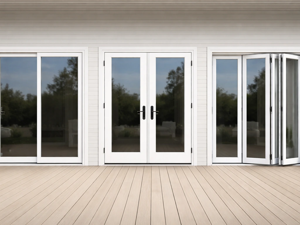 Three patio door styles—sliding, French hinged, and bifold—staged on a deck showing clear space around swings.